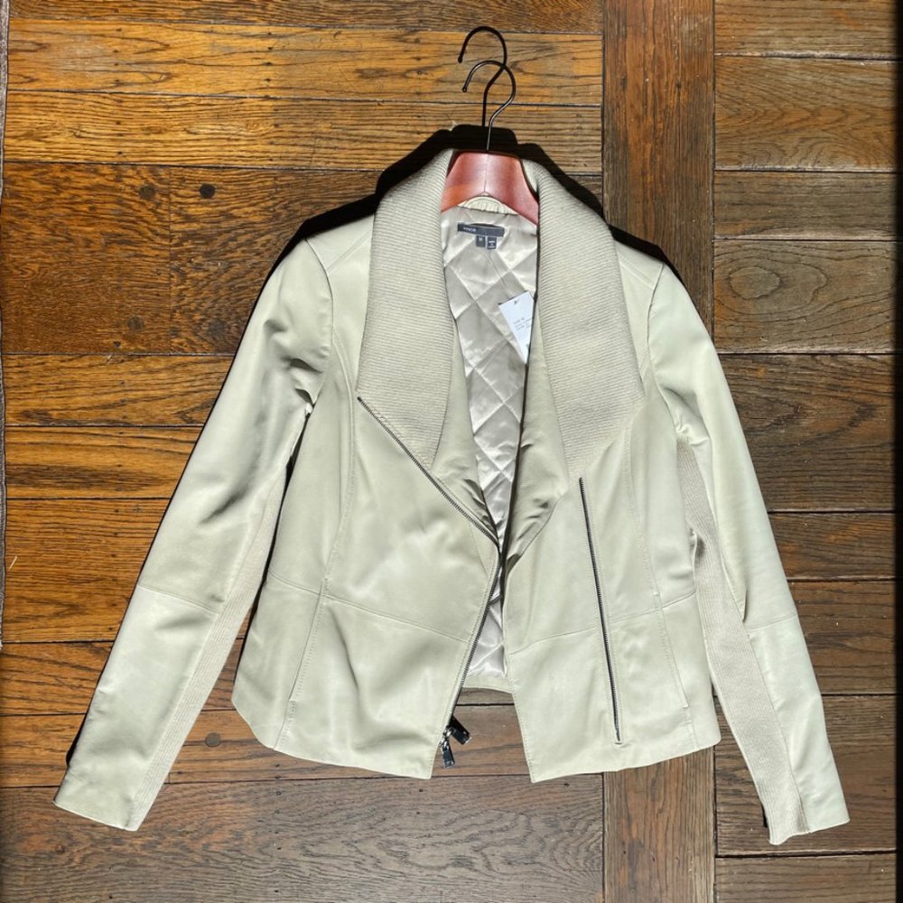 Vince Offwhite Leather Jacket with Quilted Lining